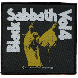 May include: Black Sabbath Vol. 4 patch featuring a white and black logo and a gold silhouette of a person with their arms raised. The text "© 2023 BS Productions Limited" is at the bottom of the patch.