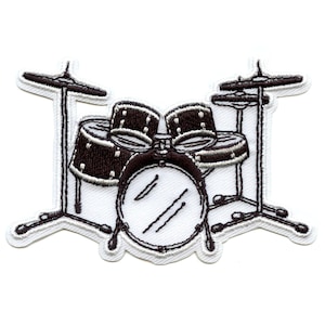 May include: A black and white embroidered patch of a drum set. The drum set includes a bass drum, two tom-toms, a snare drum, and two cymbals.