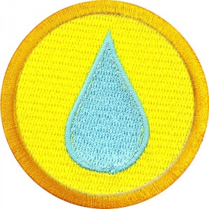 May include: A yellow embroidered patch with a blue water drop in the center. The patch has an orange border.