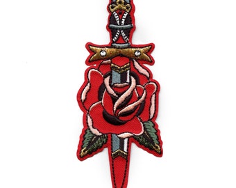 Traditional Rose & Knife Tattoo Patch Flower Art Alternative Embroidered Iron On