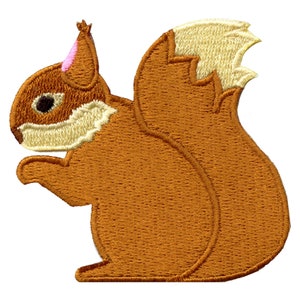 May include: Embroidered iron-on patch of a brown squirrel with a fluffy tail. The squirrel has a pink nose and black eyes.