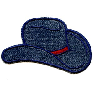 May include: Blue denim cowboy hat with a red band. The hat is embroidered with a denim texture.