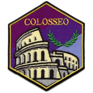 May include: An embroidered patch with a purple and blue background featuring a black and white illustration of the Colosseum in Rome. The patch has a gold border and the word "COLOSSEO" in gold lettering.