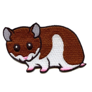 May include: Embroidered iron-on patch of a brown and white hamster with pink ears and nose.