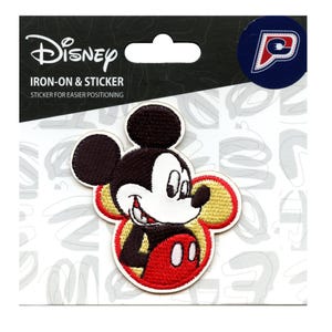 May include: Iron-on and sticker patch featuring Mickey Mouse's head with a red shirt and yellow ears. The patch is on a white background with the text "Disney Iron-on & Sticker Sticker for easier positioning" and a logo with the letter "P" in a circle.