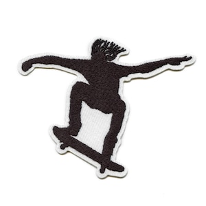 May include: Black embroidered patch of a person skateboarding. The person is in silhouette and is wearing a hat. The skateboard is black and white.