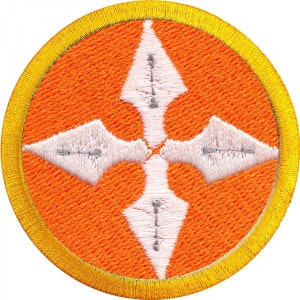 May include: A round orange patch with a yellow border. The patch has a white four-pointed star design in the center.