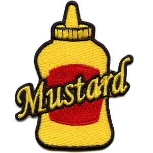 May include: Yellow and black embroidered patch of a mustard bottle with the word "Mustard" in a black and yellow script.