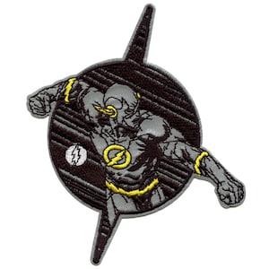 May include: An embroidered patch featuring a stylized image of The Flash, a superhero known for his super speed. The Flash is depicted in a dynamic pose, running with his arms outstretched. The patch is circular with a black background and a yellow lightning bolt symbol. The patch is surrounded by a black and white striped pattern.