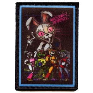 May include: A black and white embroidered patch with a white rabbit with pink eyes and a black nose. The rabbit is standing in front of a group of five cartoon characters. The text "SECURITY BREACH" is written in pink and white on the top right corner of the patch.