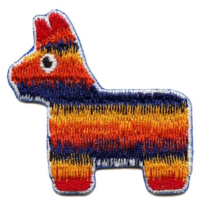 May include: A colorful embroidered pinata shaped like a donkey. The pinata is red, orange, yellow, and blue. It has a white outline.