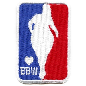 May include: A white embroidered patch with a basketball silhouette, a red heart, and the text "BBW" in blue. The patch is on a blue and red background.