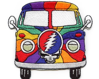 Grateful Dead Regenbogen-VW-Bus-Aufnäher zum Aufbügeln – Gestickter Hippie-Van-Aufnäher, Deadhead-Geschenk, Rockband-Jacken-Rucksack-Aufnäher