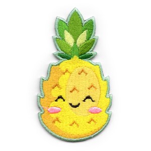 May include: Embroidered patch in the shape of a smiling pineapple. The patch features a yellow body with a green crown and light green trim. The pineapple has pink cheeks and a black smiling mouth.
