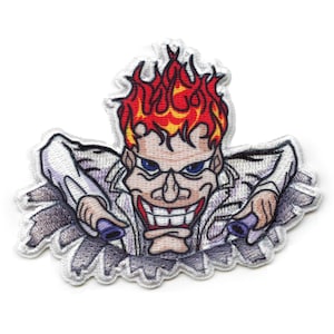 Może przedstawiać: Naszywka haftowana przedstawiająca postać z kreskówki z czerwonymi i żółtymi płomieniami jako włosami, ubraną w biały fartuch laboratoryjny i z przebiegłym uśmiechem. Postać wyłamuje się z rozerwanego kawałka materiału.