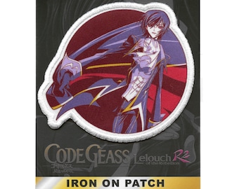 May include: Iron-on patch featuring Lelouch Lamperouge from the anime Code Geass: Lelouch of the Rebellion. The patch is circular and has a white border. The image shows Lelouch in his signature purple and black outfit with his signature red cape. The text "Code Geass Lelouch of the Rebellion" is printed on the patch.