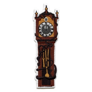May include: An embroidered patch of a brown grandfather clock with black vines growing around it. The clock face is white with black Roman numerals and a black pendulum.