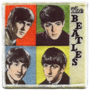 May include: A vintage-style patch featuring four portraits of the Beatles, each in a different coloured square. The text "The Beatles" is printed in black on a white background to the right of the portraits.