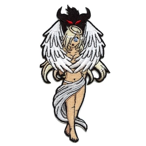 May include: Embroidered patch featuring a woman with angel wings, a halo, and a white cloth draped around her. A black devil with red eyes is behind her.