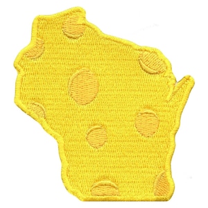 May include: Yellow embroidered patch shaped like the state of Wisconsin with a Swiss cheese design.