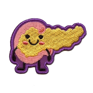 May include: A purple and pink embroidered patch of a smiling pancreas with a yellow outline. The pancreas has legs and arms and is wearing a happy face.