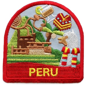 May include: Embroidered patch with Peruvian motifs. The design includes a llama, traditional clothing, a building, and the word "PERU" in yellow. The patch has a red border and a light blue background.