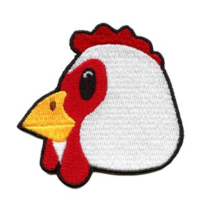 May include: Iron-on patch featuring an embroidered white rooster head with a red comb, wattle, and beak. The beak is yellow.