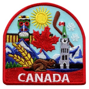 May include: A colorful embroidered patch with a red maple leaf, a beaver, a totem pole, a building with a clock tower, a sun, wheat, and the word "CANADA" in white letters on a red background.