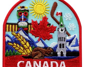 May include: A colourful embroidered patch featuring a red maple leaf, a beaver, a totem pole, a building with a clock tower, a sun, wheat, and the word "CANADA" in white letters on a red background.