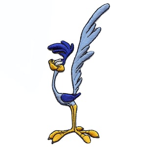 May include: A blue and yellow cartoon roadrunner with a long neck and legs, standing on one leg with its wing raised. The roadrunner is a popular character from the Looney Tunes cartoon series.