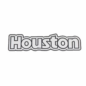 May include: A white, outlined wordmark that reads "Houston" in a bold, sans-serif font.