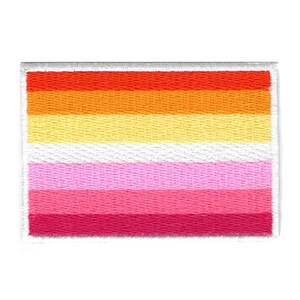 May include: A lesbian pride flag patch with six horizontal stripes in the colors orange, yellow, white, pink, light pink, and red.