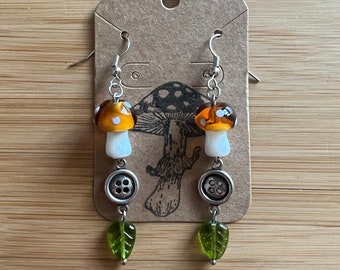 Handmade Glass Mushroom Dangle Earrings: Cottagecore Fairy Leaf