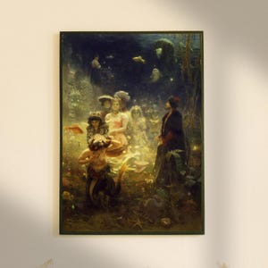 May include: A painting depicting a scene of underwater mermaids and a man in a dark robe. The mermaids are adorned with jewels and flowers, and the man appears to be observing them. The painting is set against a dark blue background with a few fish and other sea creatures.