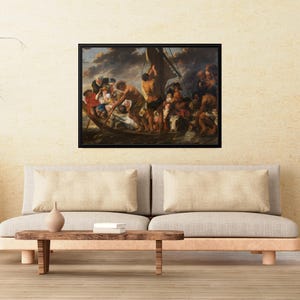May include: A painting depicting a group of people in a boat, with a stormy sky in the background. The people are dressed in various clothing, and some are holding onto the boat's mast. The boat is being tossed about by the waves.