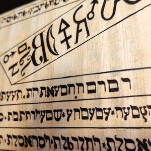 Op de afbeelding: Close-up van een papyrusrol met oude Hebreeuwse tekst en symbolen. De tekst in zwarte inkt is in nette rijen en kolommen gerangschikt. Het papyrus heeft een lichtbeige kleur met zichtbare textuur.