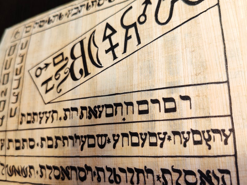 Op de afbeelding: Close-up van een papyrusrol met oude Hebreeuwse tekst en symbolen. De tekst in zwarte inkt is in nette rijen en kolommen gerangschikt. Het papyrus heeft een lichtbeige kleur met zichtbare textuur.