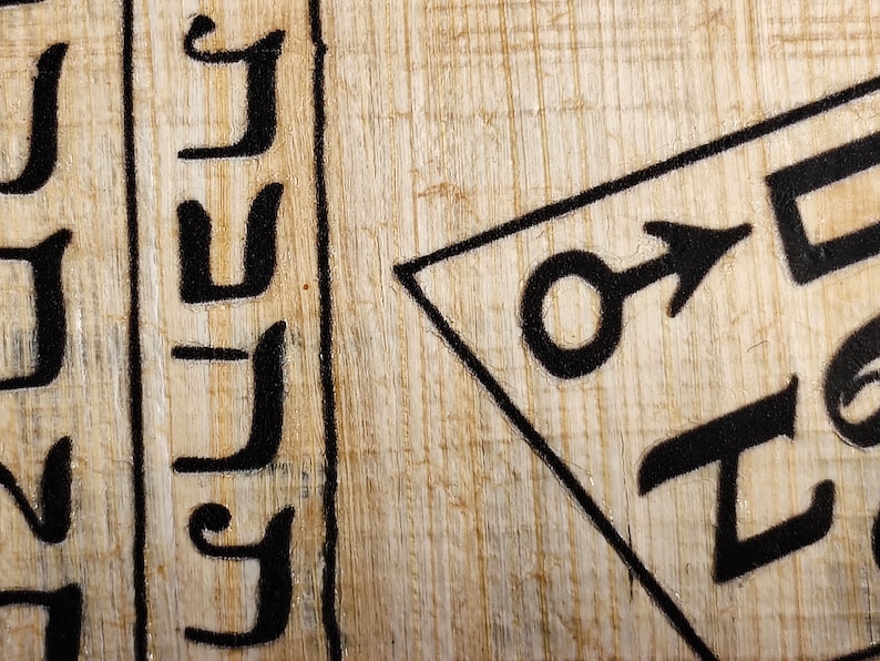 Op de afbeelding: Close-up van een gedeelte van papyrus met zwarte inktmarkeringen. De afbeelding toont gestileerde zwarte letters en een geometrisch symbool met een pijl. De papyrus heeft een lichtbeige kleur met zichtbare houtnerf.