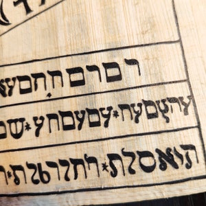 Op de afbeelding: Close-up van een papyrusrol met zwarte Hebreeuwse tekst. De tekst is gerangschikt in horizontale lijnen binnen zwarte randen. Het papyrus heeft een lichtbeige kleur met zichtbare textuur. De afbeelding is goed verlicht.