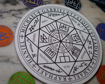 Puede incluir: Un papel circular blanco con texto negro y símbolos. El texto dice "RAPHAEL+HANIEL", "HAGITH", "OCH", "EL", "ARATRON", "GABRIEL+TZAFQIEL+TZADK", "OPHIEL", "PHUL", "LYNA SATURN", "VENUS MERCUR", "SOL", "PHALEC", "BETHOR", "JUPITER MARS".