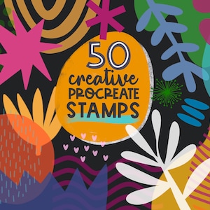 May include: A colorful illustration of 50 creative Procreate stamps. The image features a variety of abstract shapes, including stars, circles, and leaves, in a vibrant color palette of pink, orange, yellow, green, and blue. The text "50 creative Procreate stamps" is written in a bold, black font on a yellow circle.