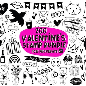 May include: A set of 200 black and white Valentine's Day themed stamps for Procreate. The stamps include hearts, arrows, flowers, and other romantic symbols. The text "200 Valentine's Stamp Bundle for Procreate" is written in a pink banner.