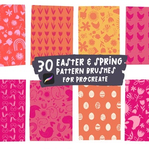 May include: A collection of Easter and Spring pattern brushes for Procreate. The image displays various colorful patterns featuring bunnies, eggs, flowers, and birds. The text reads "30 Easter & Spring Pattern Brushes for Procreate."