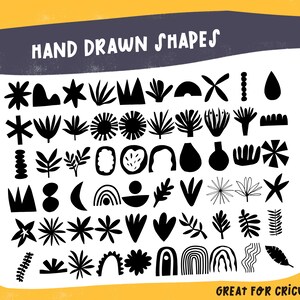 May include: A collection of 50 black and white hand-drawn shapes, including stars, crowns, leaves, flowers, and geometric shapes. The text "HAND DRAWN SHAPES" is at the top of the image. The text "GREAT FOR CRICUT FILES" is at the bottom of the image.