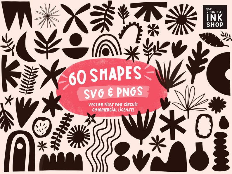May include: A set of 60 black and white shapes in a variety of styles, including geometric, floral, and abstract. The shapes are arranged on a pink background with a red banner that reads "60 Shapes SVG & PNGs Vector Files for Circuit Commercial License!"