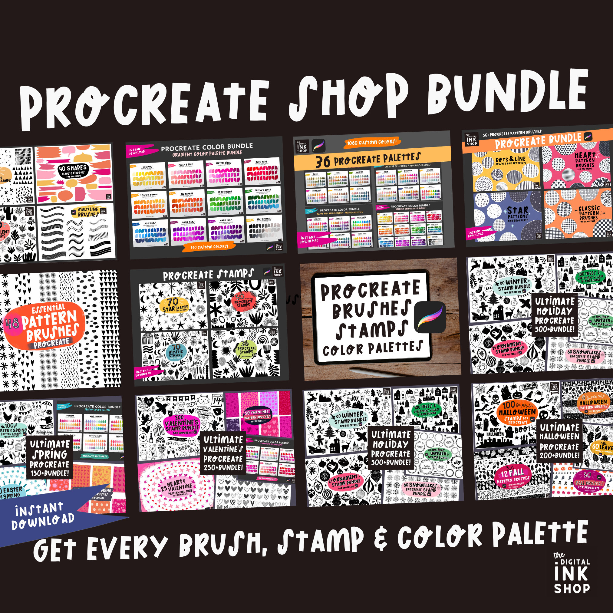 ENORME bundle de Procreate – Pack tienda completa: pinceles, sellos, texturas, fondos y paletas
