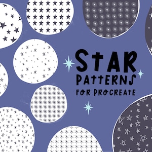 May include: A set of 9 digital star patterns for Procreate, featuring various star shapes and sizes in black and white on a purple background. The text "STAR PATTERNS FOR PROCREATE" is displayed in black.
