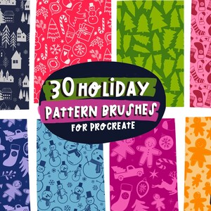 Może przedstawiać: Zestaw 30 cyfrowych pędzli z wzorami świątecznymi do Procreate. Obraz przedstawia kolaż różnych wzorów, w tym płatki śniegu, choinki, piernikowe ludziki i bałwany. Wzory są w różnych kolorach, w tym czerwonym, zielonym, niebieskim i pomarańczowym.
