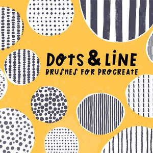 May include: A set of digital brushes for Procreate featuring a variety of black and white polka dot and striped patterns. The text "Dots & Line Brushes for Procreate" is displayed in the center of the image.