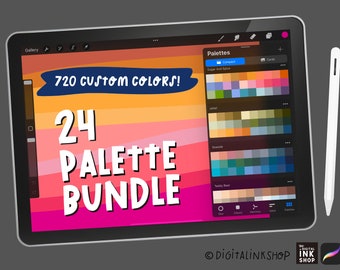 May include: A digital tablet displaying a screen with the text "720 Custom Colors!" and "24 Palette Bundle". The screen shows a colour palette app with a variety of colour palettes, including "Sugar And Spice", "Safari", "Seaside", and "Teddy Bear".